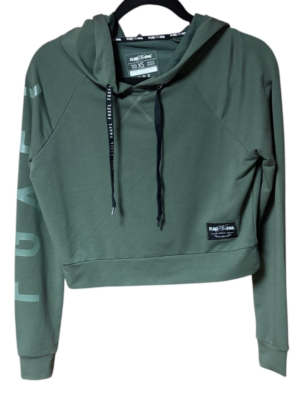 Flag Nor Fail Logo Sleeve Olive Green Cropped Hoodie